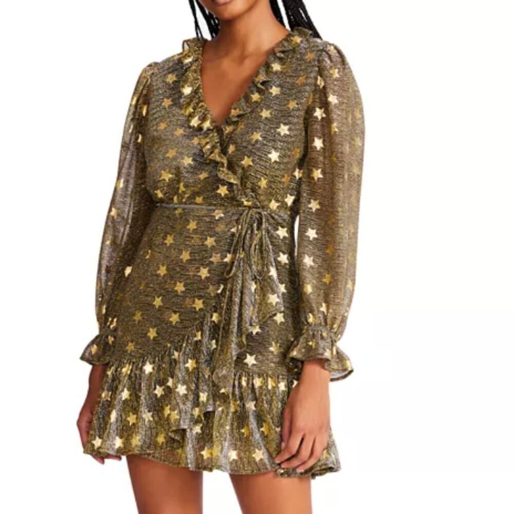 Betsey Johnson Metallic Black Gold Star Faux Wrap Dress Ruffles